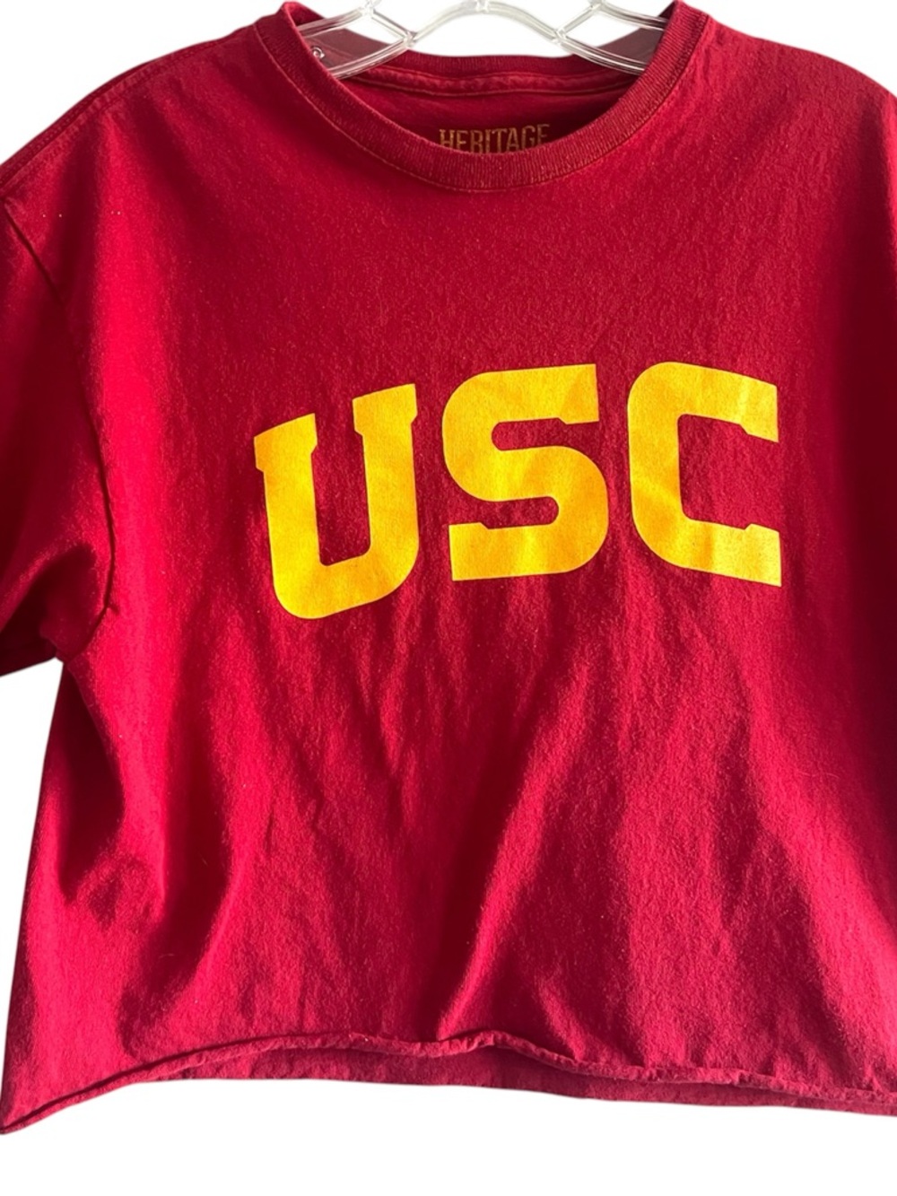 USC Trojans Red Short Sleeve Tee with Yellow USC Print Hand Cropped Medium